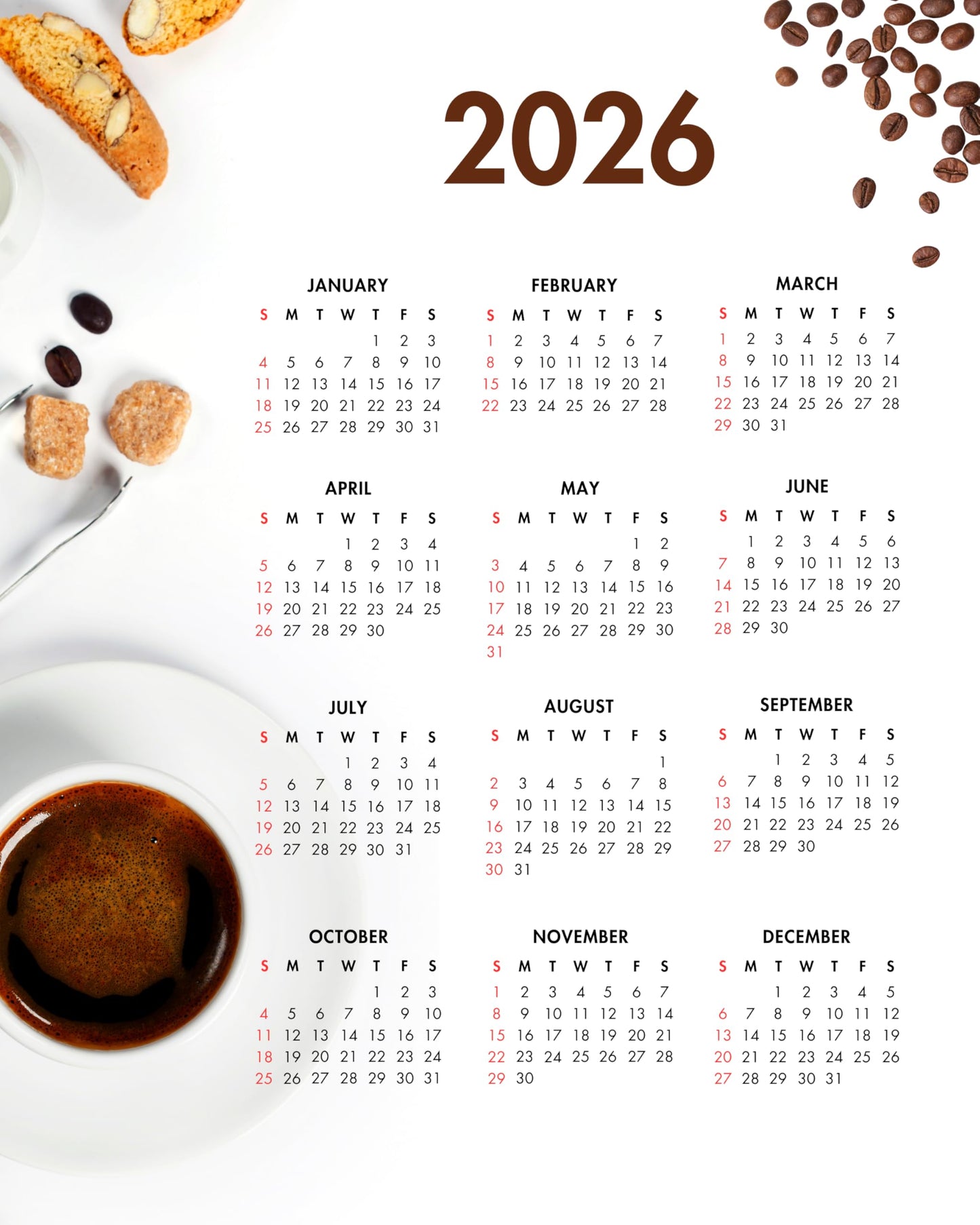 2026 Year at a Glance – Espresso & Biscotti One Page Calendar
