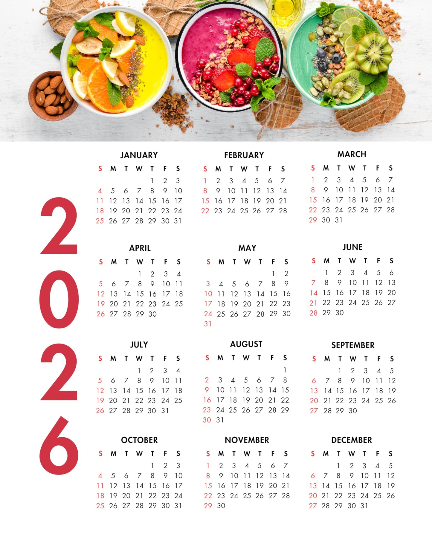 2026 Smoothie Bowl One Page Calendar at a Glance