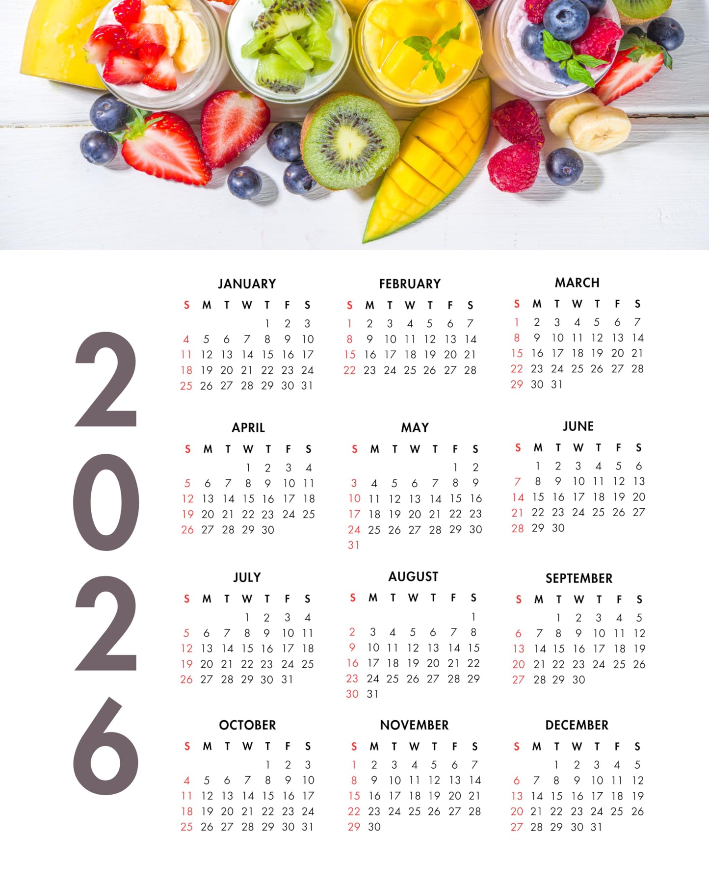 2026 Fruit & Yogurt Parfait One Page Calendar at a Glance
