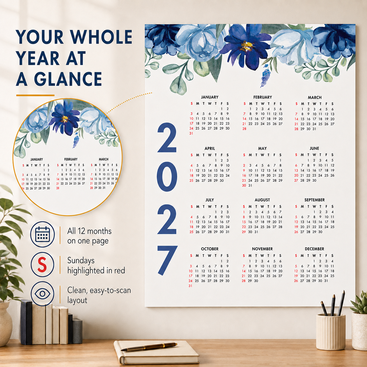 2027 Year at a Glance Wall Calendar – Elegant Blue Flowers carousel image 7