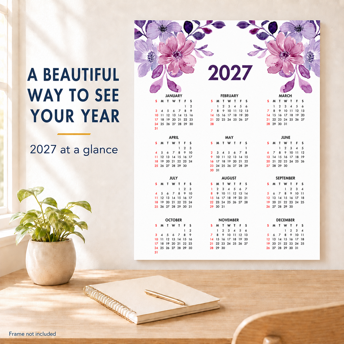 2027 Year at a Glance Wall Calendar – Purple Watercolor Flowers carousel image 7