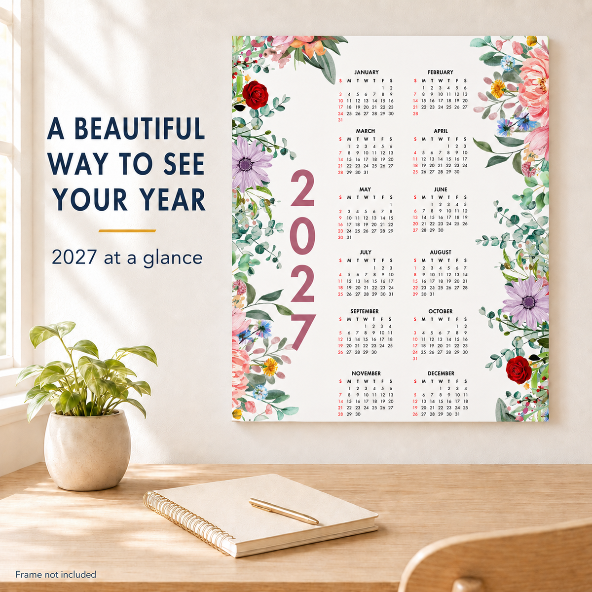 2027 Year at a Glance Wall Calendar – Colorful Blooming Flowers carousel image 7