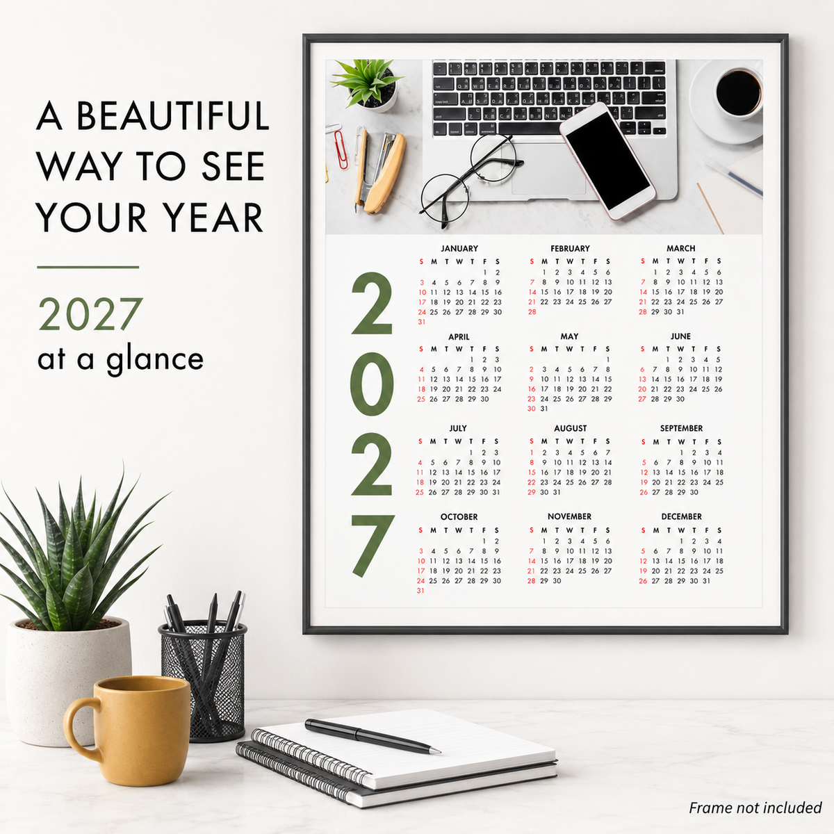 2027 Year at a Glance Wall Calendar – Laptop Coffee & Smartphone carousel image 7