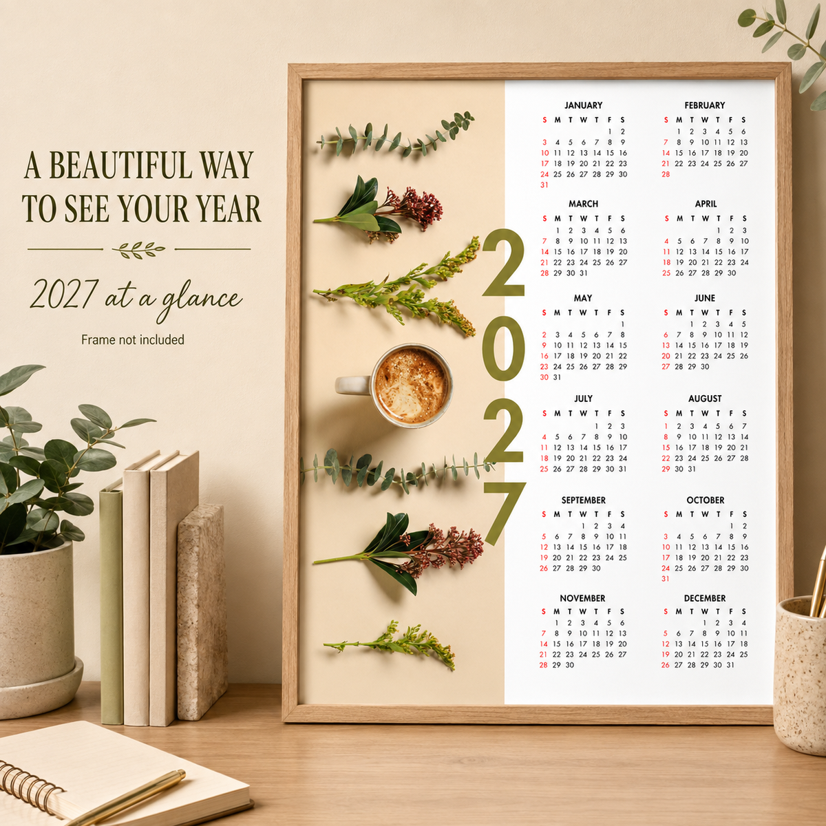 2027 Year at a Glance Wall Calendar – Latte & Eucalyptus carousel image 7