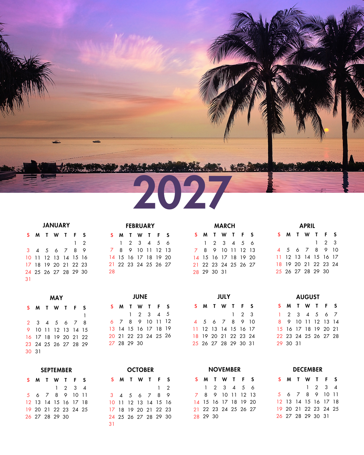 2027 Year at a Glance Wall Calendar – Tropical Sunset Silhouette