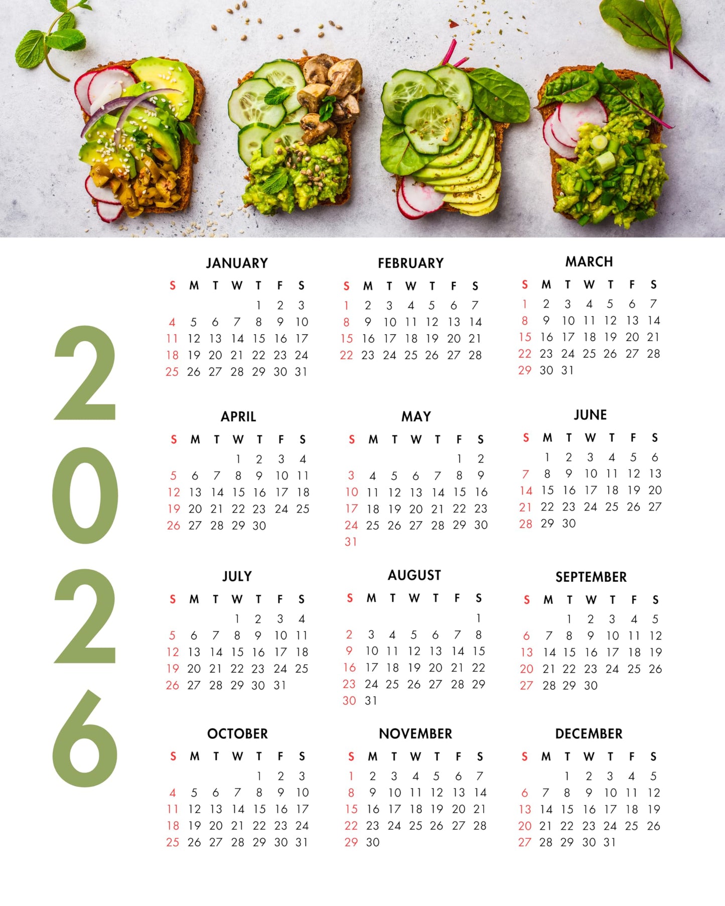 2026 Avocado Toast One Page Calendar at a Glance