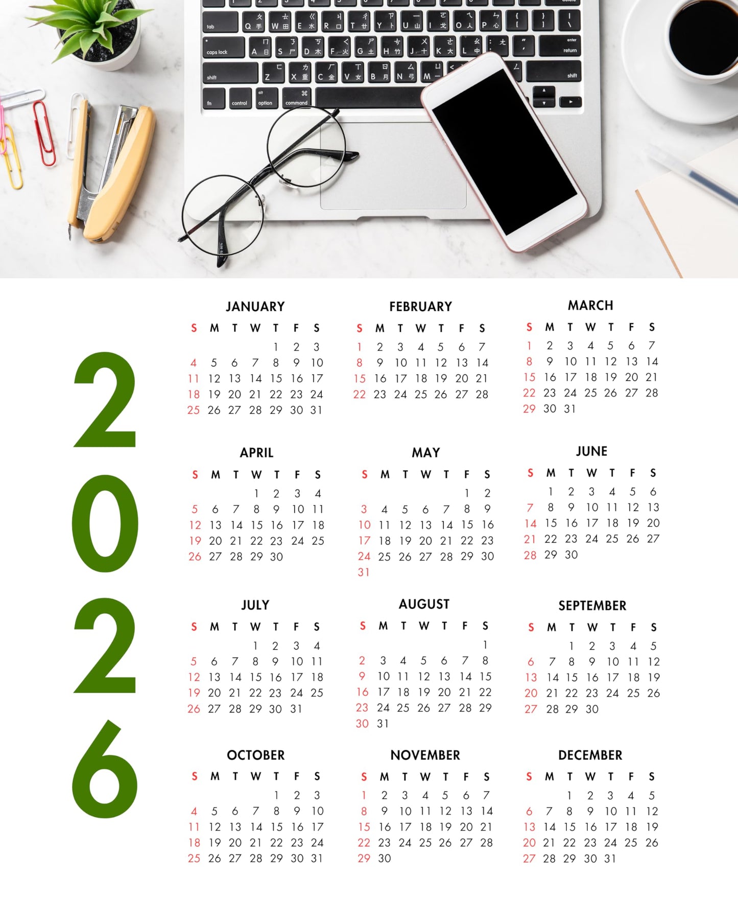 2026 Year at a Glance – Laptop, Coffee Calendar