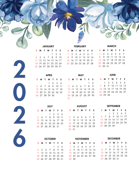 2026 Year at a Glance Blue Watercolor Flowers Calendar
