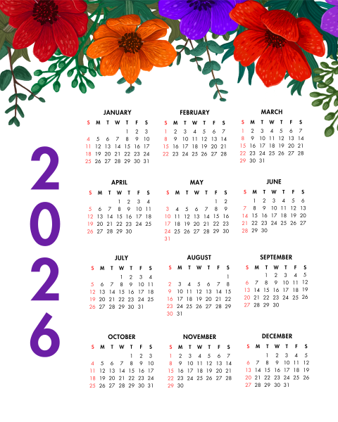 2026 Year at a Glance Bright Colorful Flowers Calendar