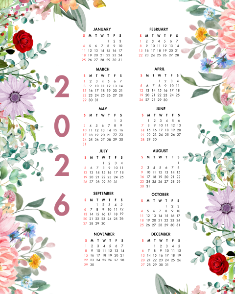 2026 Year at a Glance Colorful Blooming Flowers Calendar