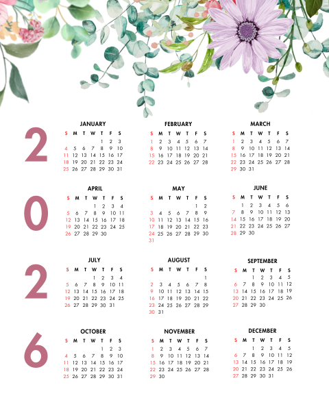 2026 Year at a Glance Colorful Watercolor Flowers Calendar