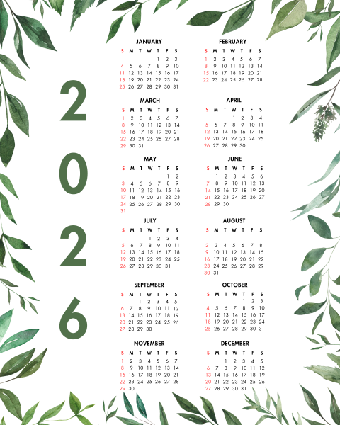 2026 Year at a Glance Dark Leafy Watercolors Calendar