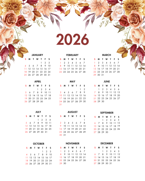 2026 Year at a Glance Fall Mix Watercolor Flowers Calendar