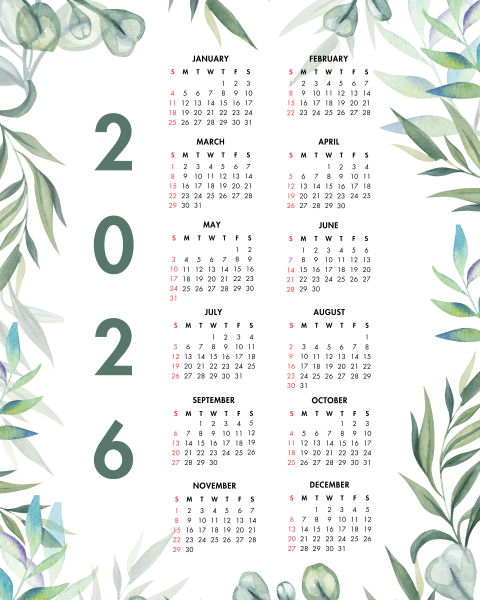 2026 Year at a Glance Green Leafy Watercolors Calendar