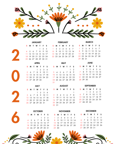 2026 Year at a Glance Modern Flowers Calendar