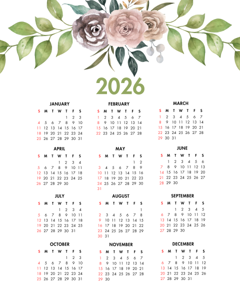 2026 Year at a Glance Peach Watercolor Flowers Calendar