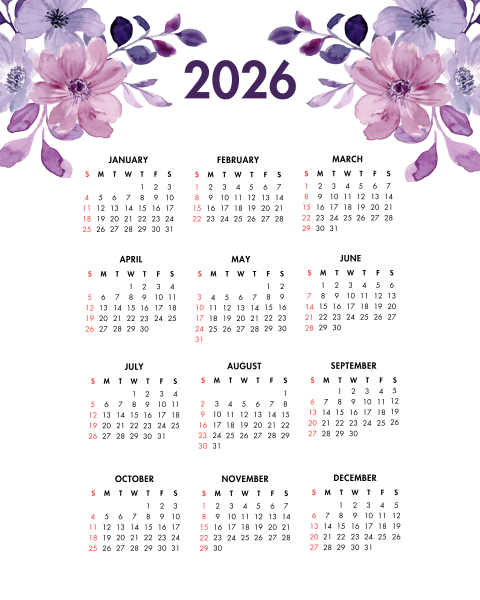 2026 Year at a Glance Purple Watercolor Flowers Calendar