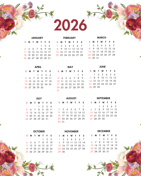 2026 Year at a Glance Red Pink Watercolor Flowers Calendar
