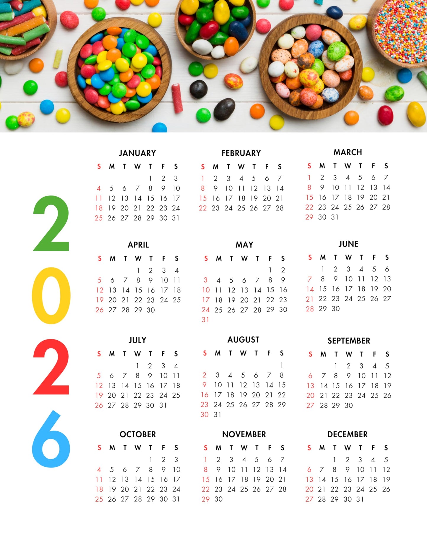 2026 Colorful Candy One Page Calendar at a Glance