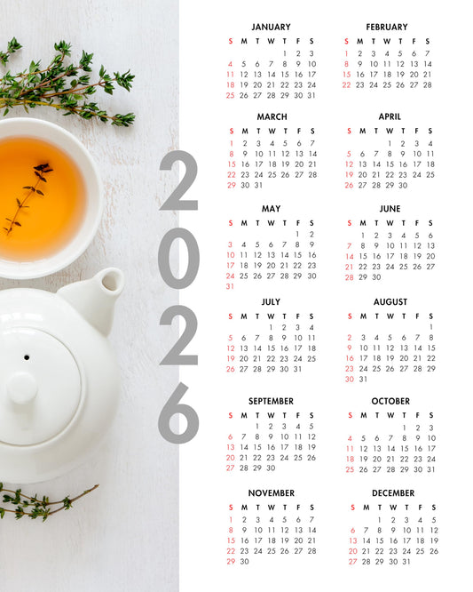 2026 Year at a Glance – Herbal Tea One Page Calendar