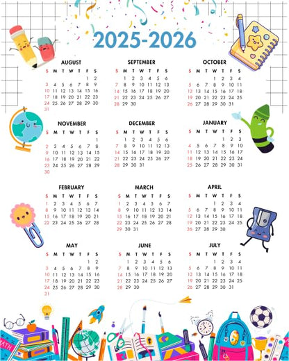 2025-2026 Academic Year One Page Colorful Calendar