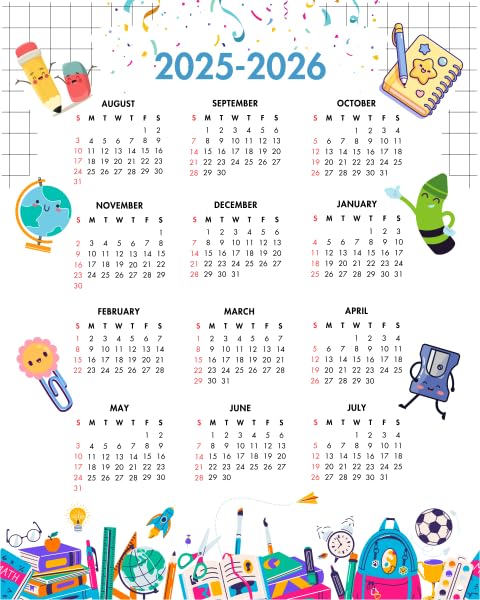 2025-2026 Academic Year One Page Colorful Calendar