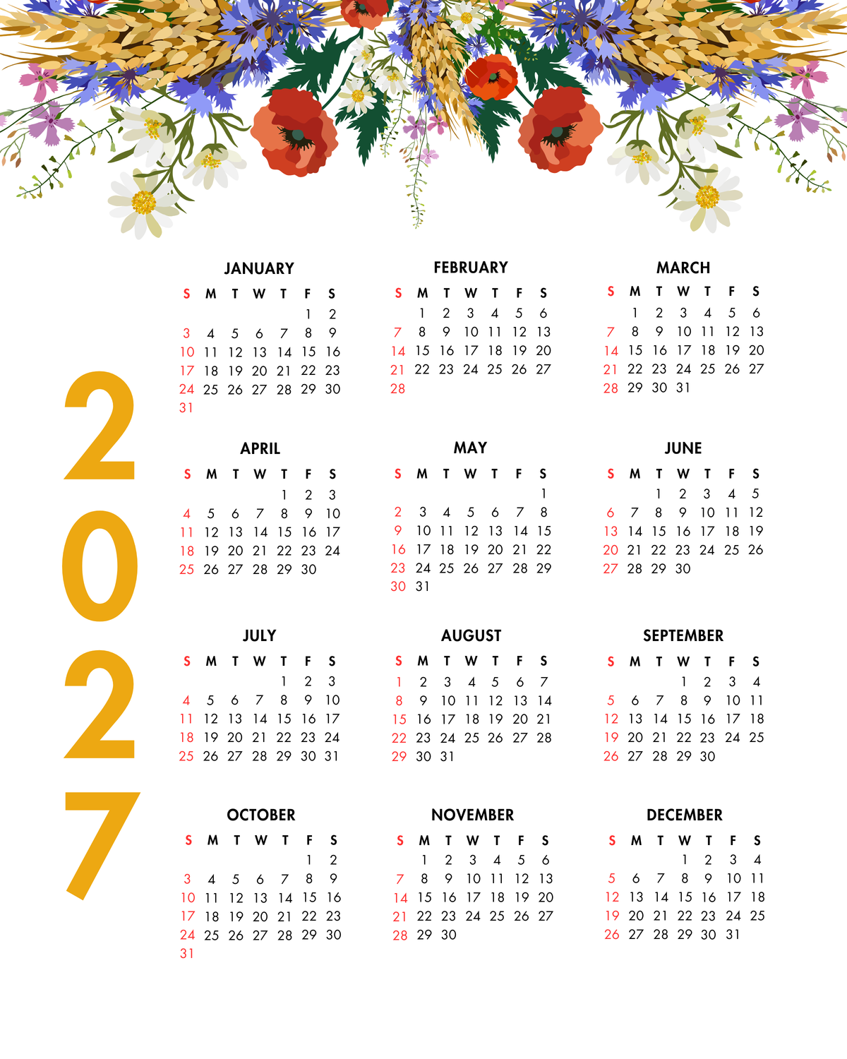 Bright Wild Flowers 2027 wall calendar