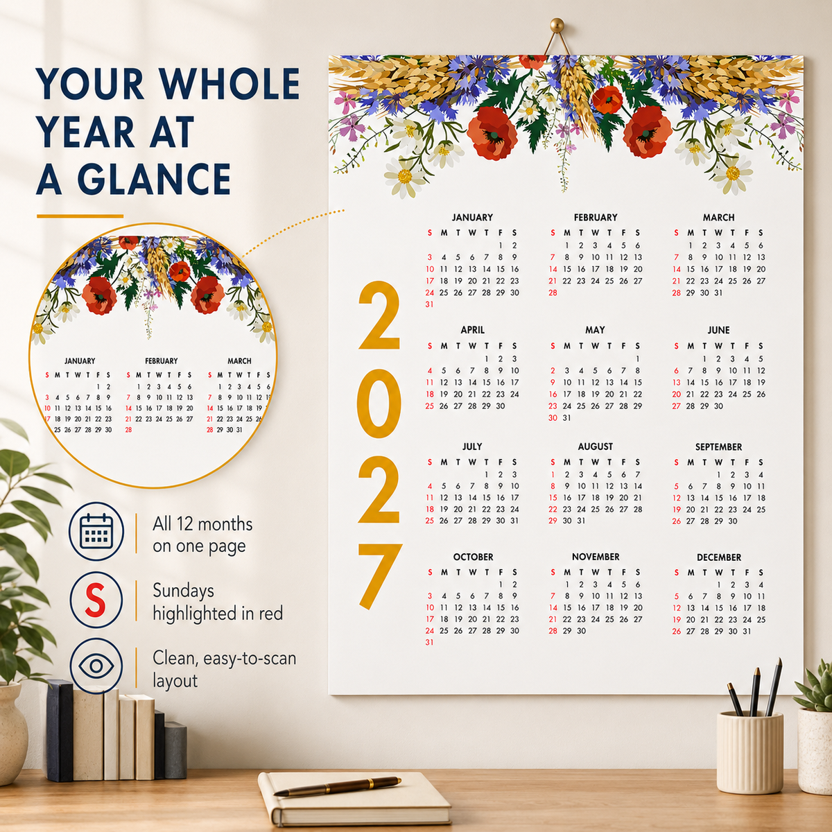 2027 Year at a Glance Wall Calendar – Bright Wild Flowers carousel image 6