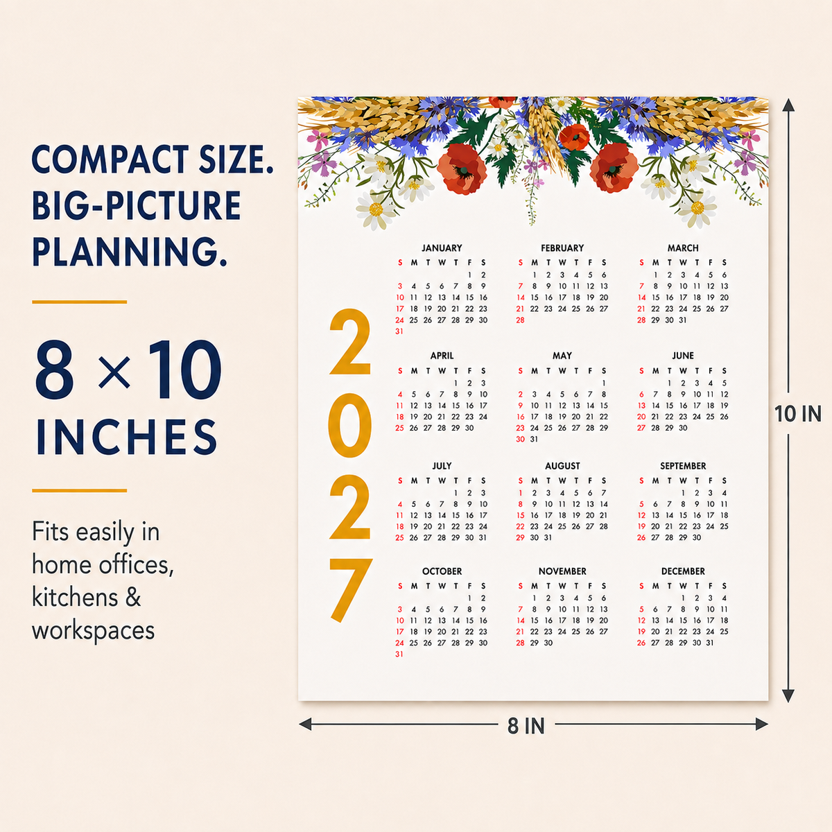 2027 Year at a Glance Wall Calendar – Bright Wild Flowers carousel image 5