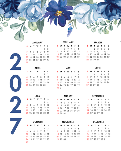 2027 Year at a Glance Wall Calendar – Elegant Blue Flowers