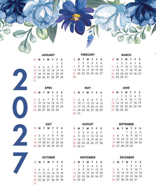 2027 Year at a Glance Wall Calendar – Elegant Blue Flowers