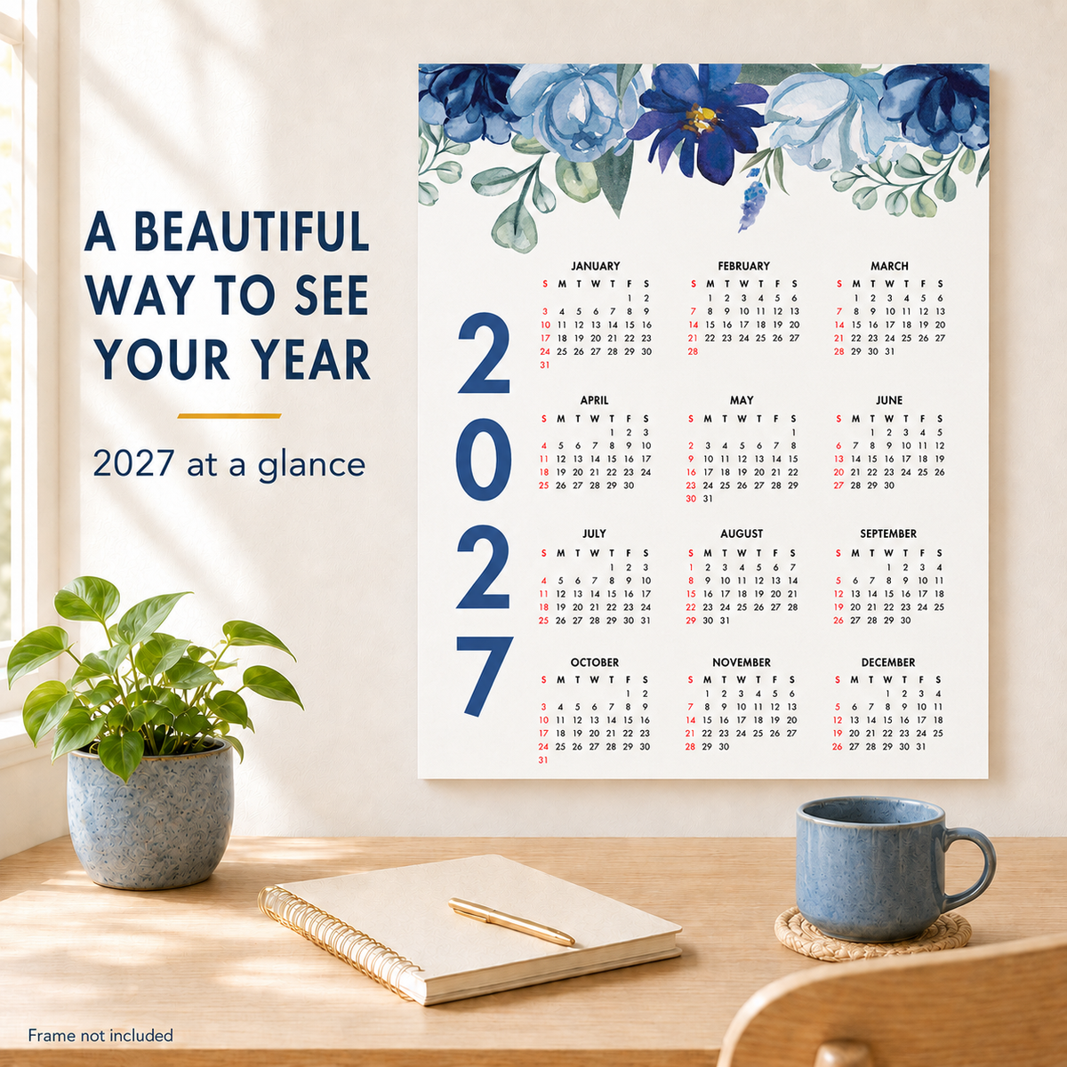 2027 Year at a Glance Wall Calendar – Elegant Blue Flowers carousel image 2