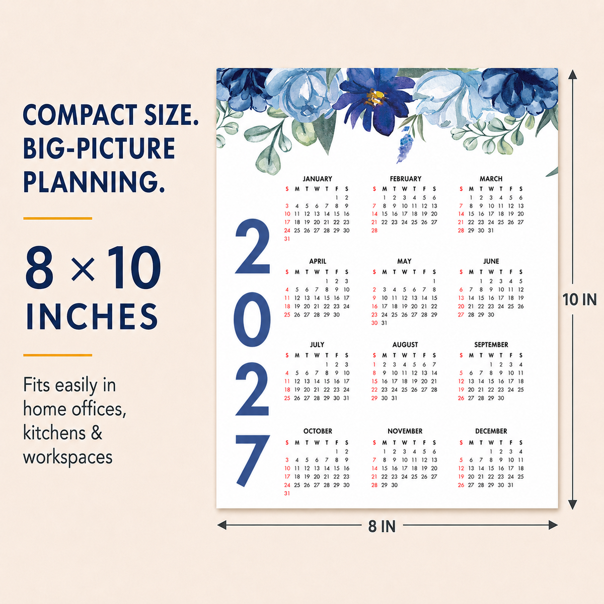 2027 Year at a Glance Wall Calendar – Elegant Blue Flowers carousel image 6
