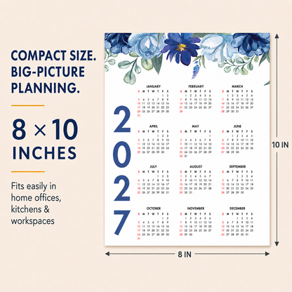 2027 Year at a Glance Wall Calendar – Elegant Blue Flowers carousel image 6