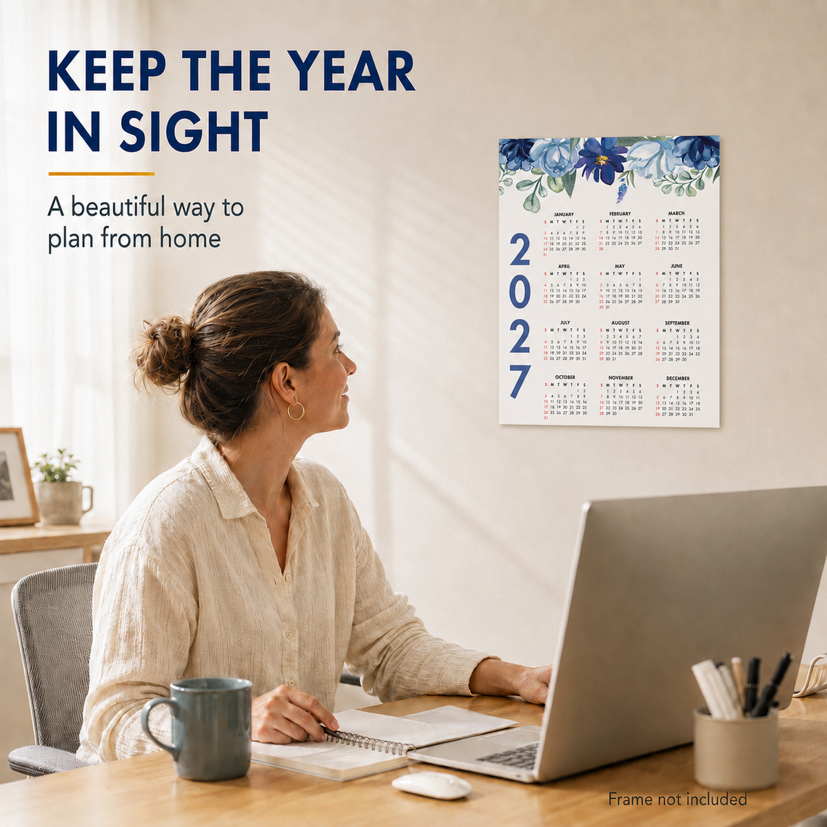 2027 Year at a Glance Wall Calendar – Elegant Blue Flowers carousel image 5