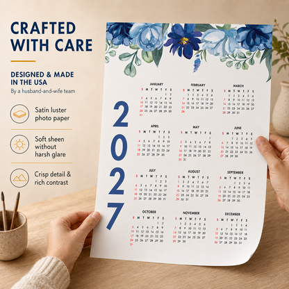 2027 Year at a Glance Wall Calendar – Elegant Blue Flowers carousel image 4