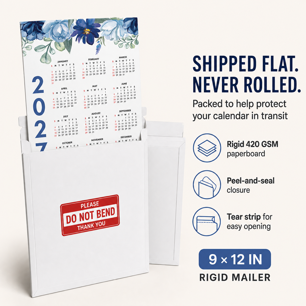 2027 Year at a Glance Wall Calendar – Elegant Blue Flowers carousel image 3