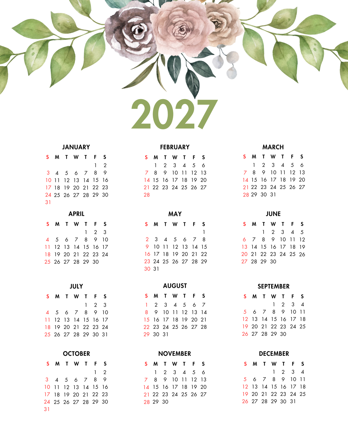 2027 Year at a Glance Wall Calendar – Peach Watercolor Flowers