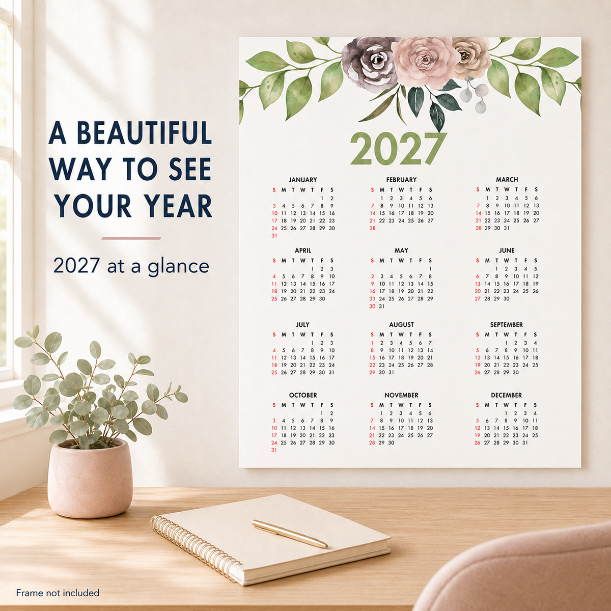 2027 Year at a Glance Wall Calendar – Peach Watercolor Flowers carousel image 7
