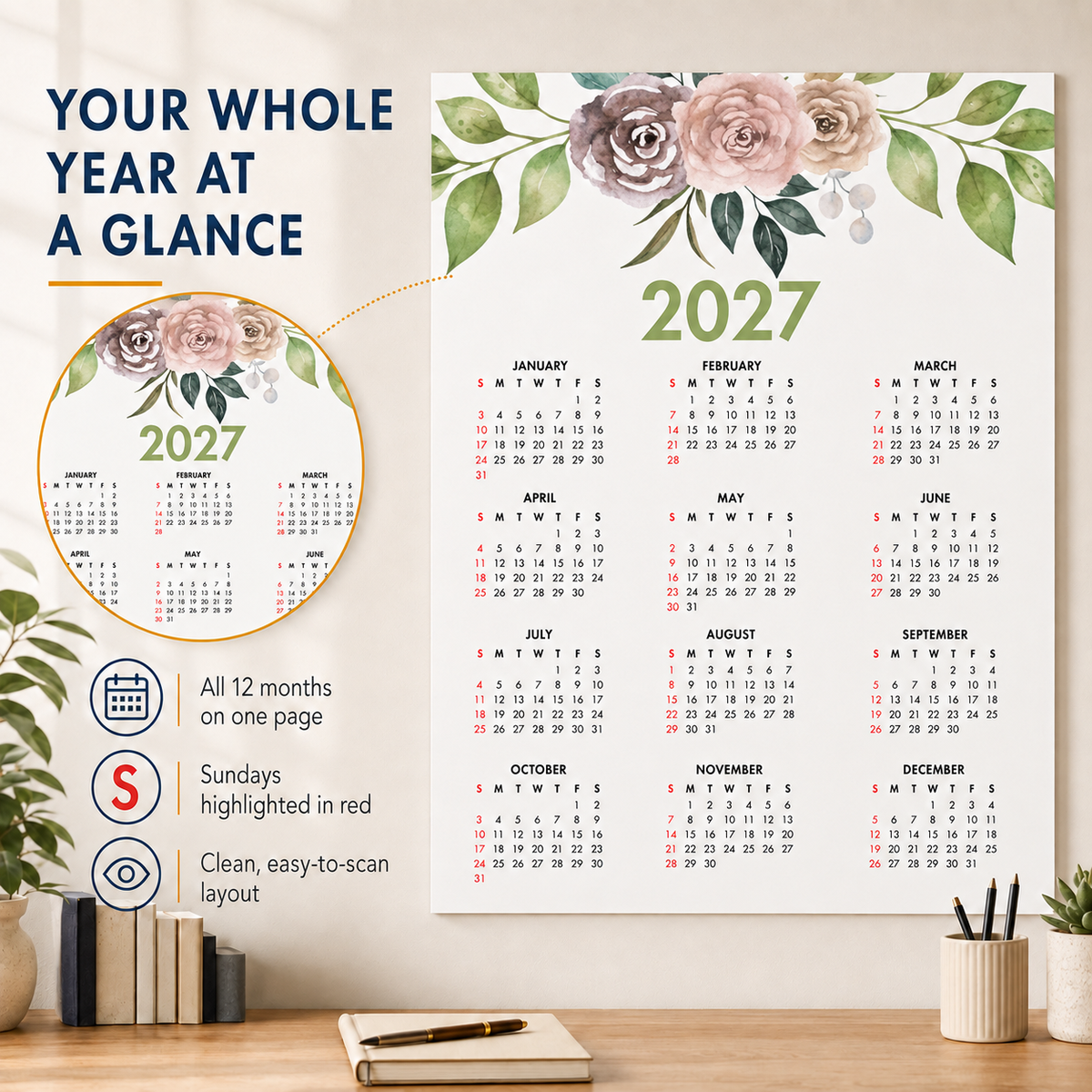 2027 Year at a Glance Wall Calendar – Peach Watercolor Flowers carousel image 6