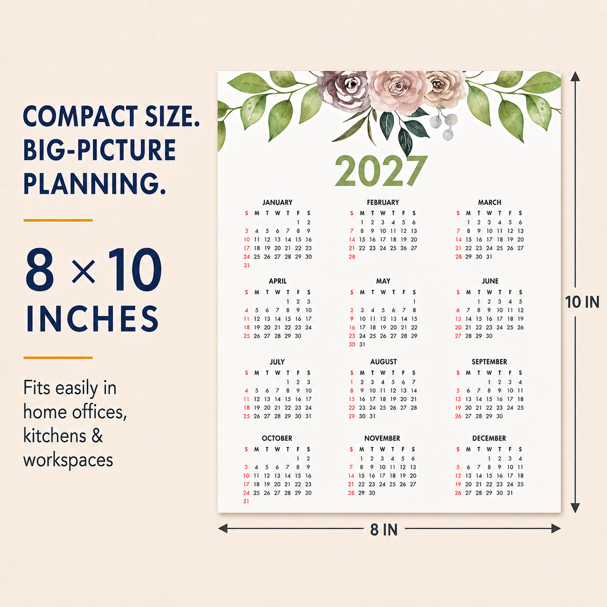 2027 Year at a Glance Wall Calendar – Peach Watercolor Flowers carousel image 5