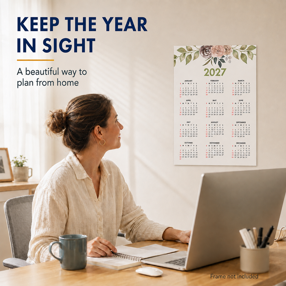 2027 Year at a Glance Wall Calendar – Peach Watercolor Flowers carousel image 3