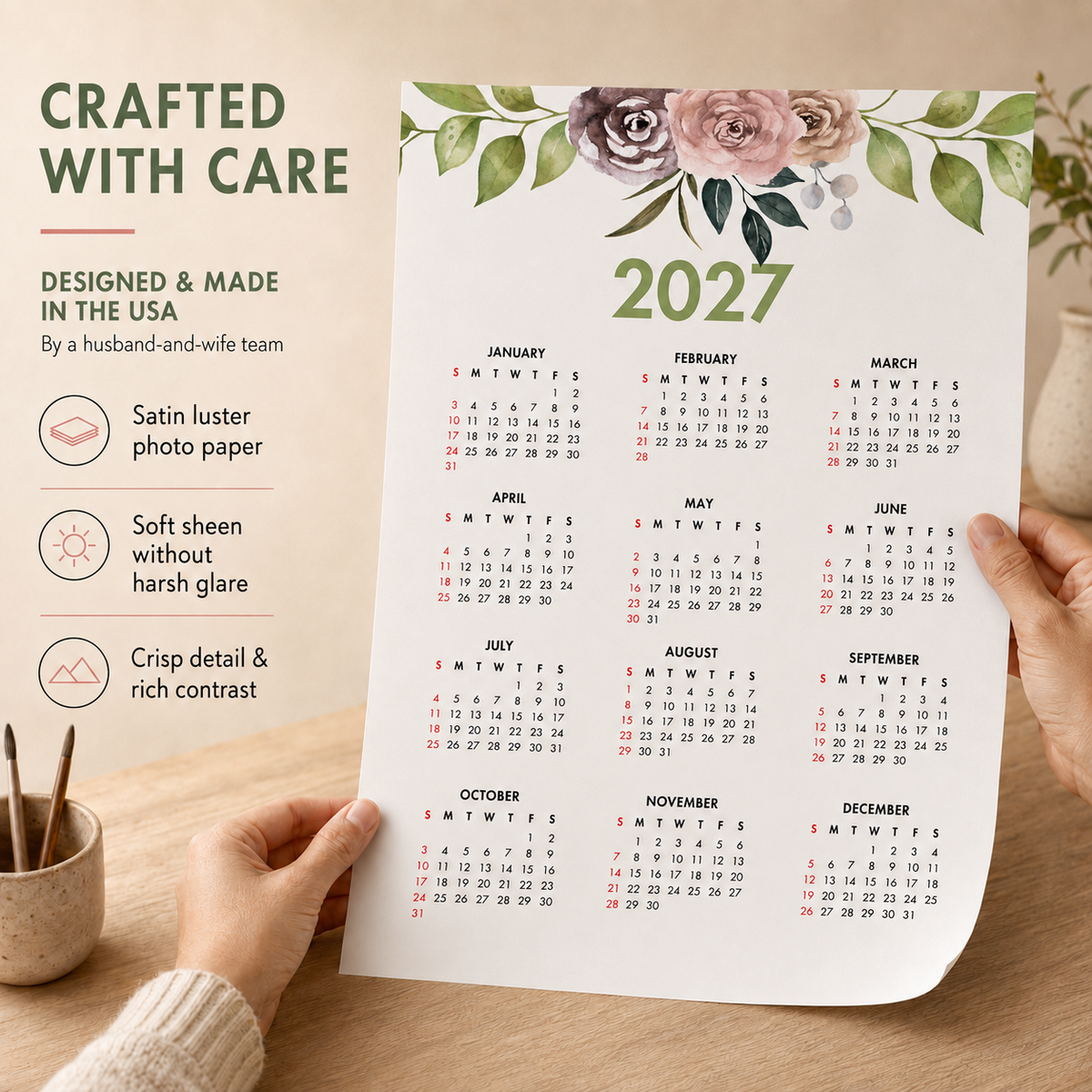 2027 Year at a Glance Wall Calendar – Peach Watercolor Flowers carousel image 4