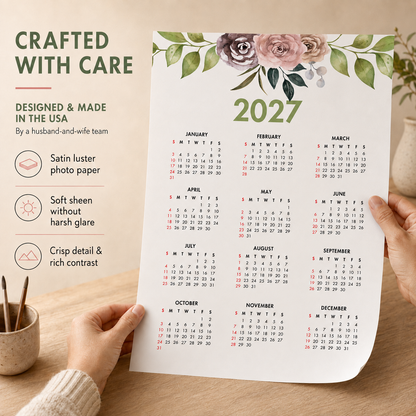 2027 Year at a Glance Wall Calendar – Peach Watercolor Flowers carousel image 4