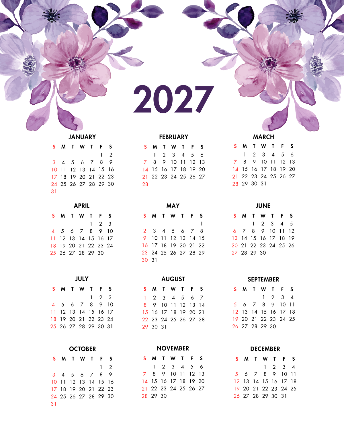 2027 Year at a Glance Wall Calendar – Purple Watercolor Flowers