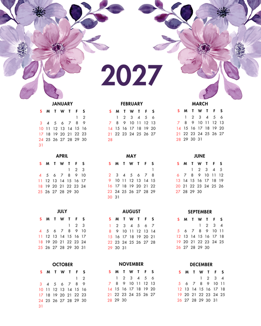 2027 Year at a Glance Wall Calendar – Purple Watercolor Flowers