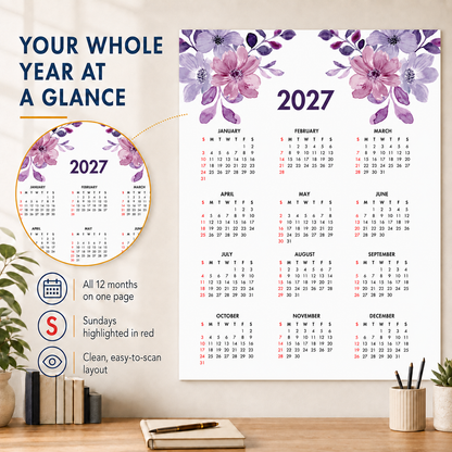 2027 Year at a Glance Wall Calendar – Purple Watercolor Flowers carousel image 6