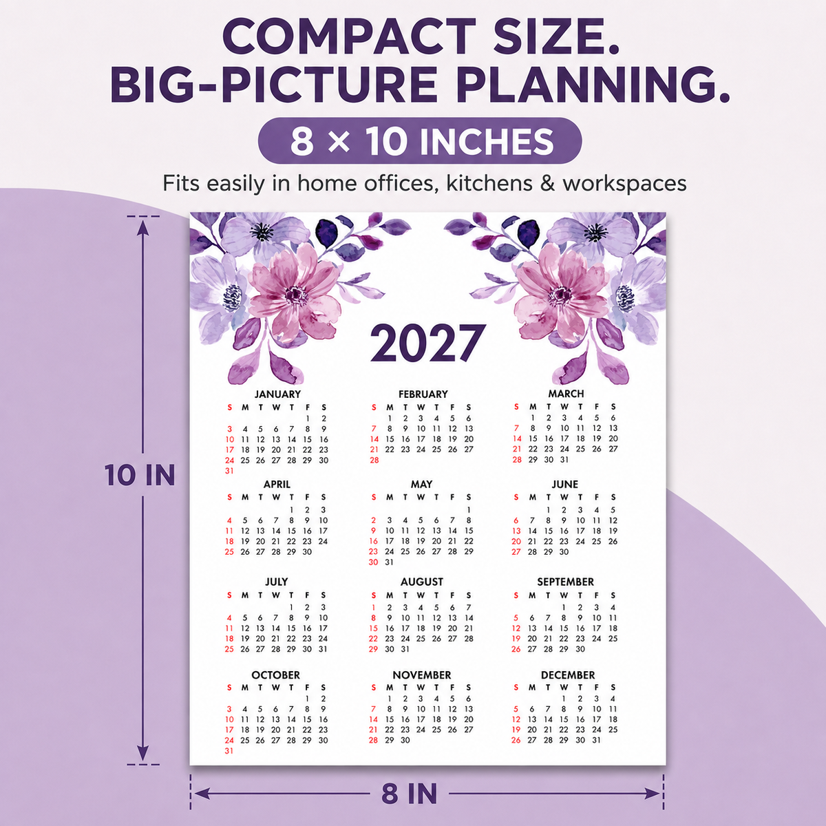 2027 Year at a Glance Wall Calendar – Purple Watercolor Flowers carousel image 5