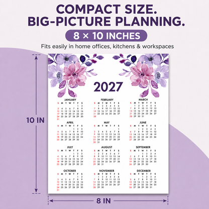 2027 Year at a Glance Wall Calendar – Purple Watercolor Flowers carousel image 5