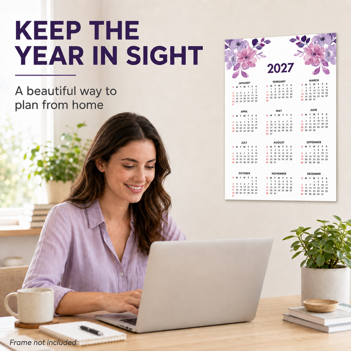 2027 Year at a Glance Wall Calendar – Purple Watercolor Flowers carousel image 4